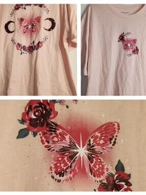 NWOT, Pretty Rebellious Pink Crewneck Tee Butterflies & Sparkly Roses Large.